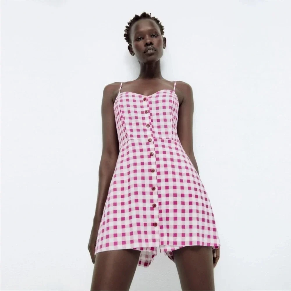 ZARA Linen Blend Barbiecore Pink Gingham Button Skort Summer Romper
